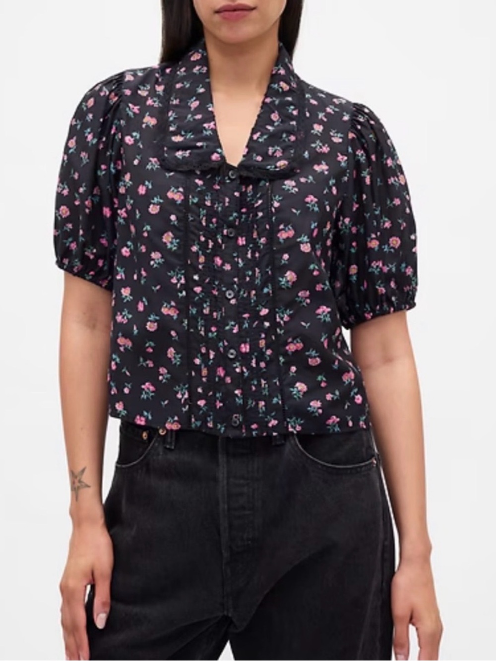 GAP Black Floral Puff-Sleeve Blouse with Pink Flowers